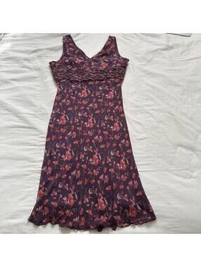 Jaclyn Smith purple floral silk midi dress with ruched waist detail Size 12